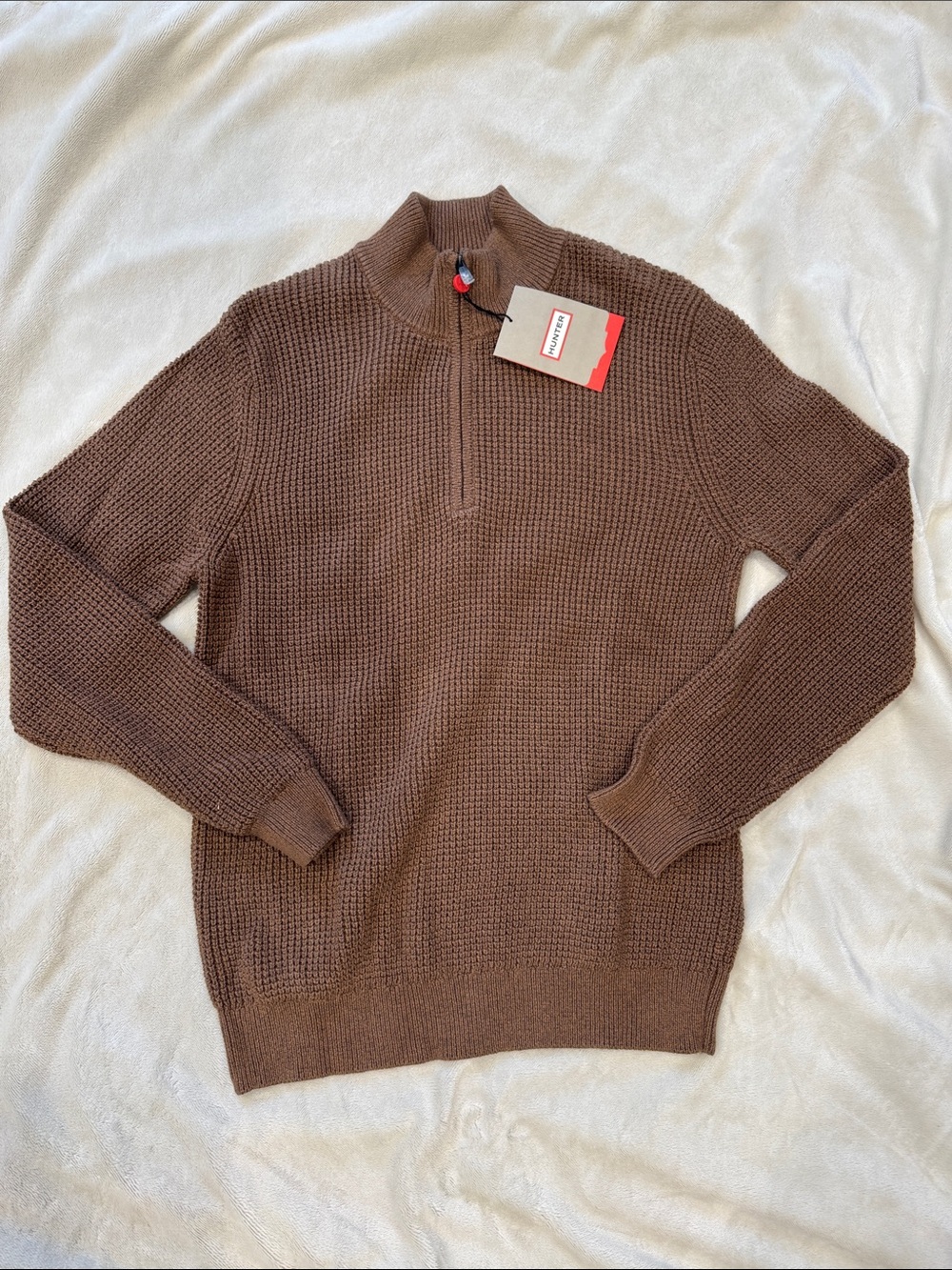 Hunter Brown Waffle Knit Quarter-Zip Sweater-size M